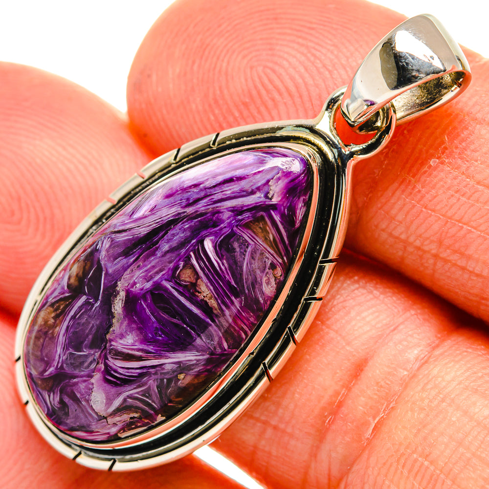 Charoite oval cabochon pendant in polished 925 sterling silver with bail