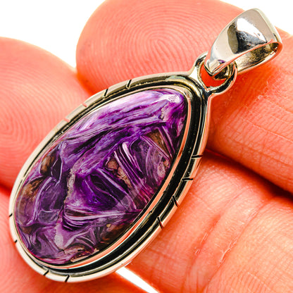 Charoite oval cabochon pendant in polished 925 sterling silver with bail