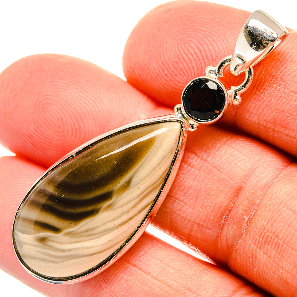 Sterling silver teardrop jasper pendant with round smoky quartz bezel close-up