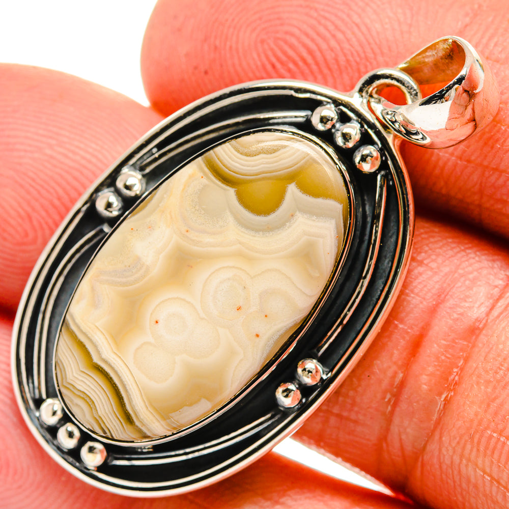 Ocean jasper oval pendant, 925 sterling silver bezel with black accents and bead settings