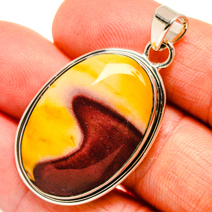 Oval mookaite stone pendant with marbled yellow and red, sterling silver bail