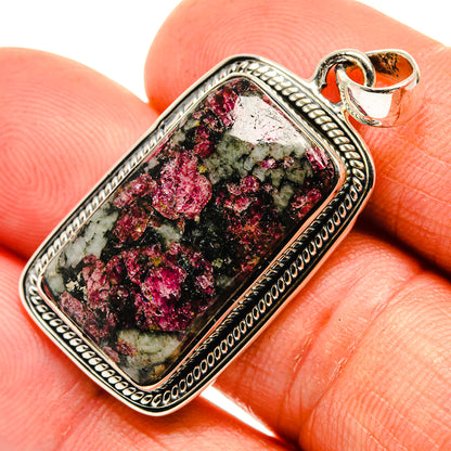 Rectangular eudialyte pendant in 925 sterling silver with dark green and pink-red stone