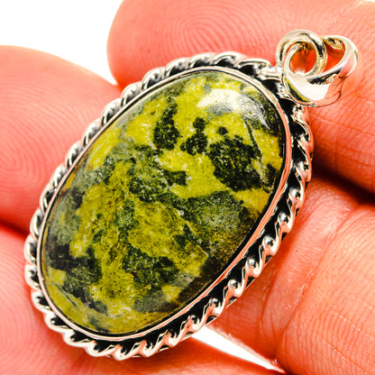 Oval green Rainforest jasper pendant, 925 silver ornate bezel with bail loop