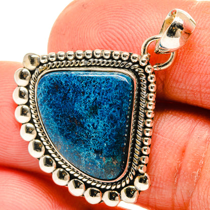 Blue shattuckite pendant close-up with sterling silver bail and beaded border