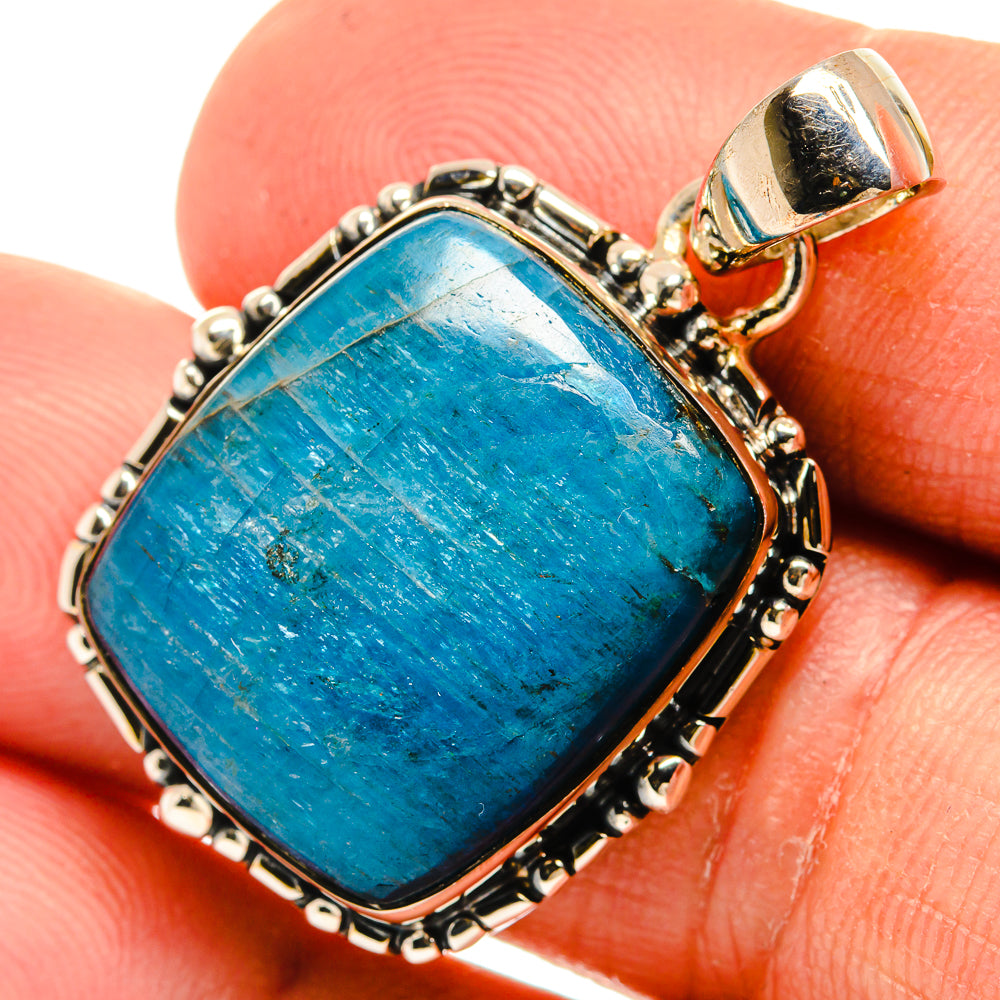 Blue apatite pendant close-up, rectangular stone in sterling silver bezel and beads