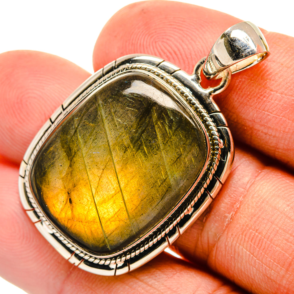 Oval labradorite pendant in ornate 925 sterling silver bezel, green-yellow glow