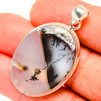 Sterling silver dendritic opal pendant, oval bezel with light pink and black dendrites