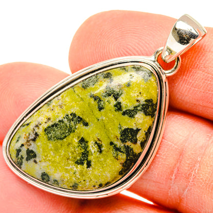 Rainforest jasper sterling silver teardrop pendant with yellow-green stone in bezel
