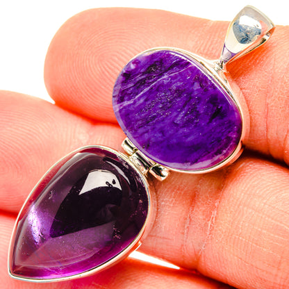 925 sterling silver amethyst pendant with two teardrop cabochons in purple