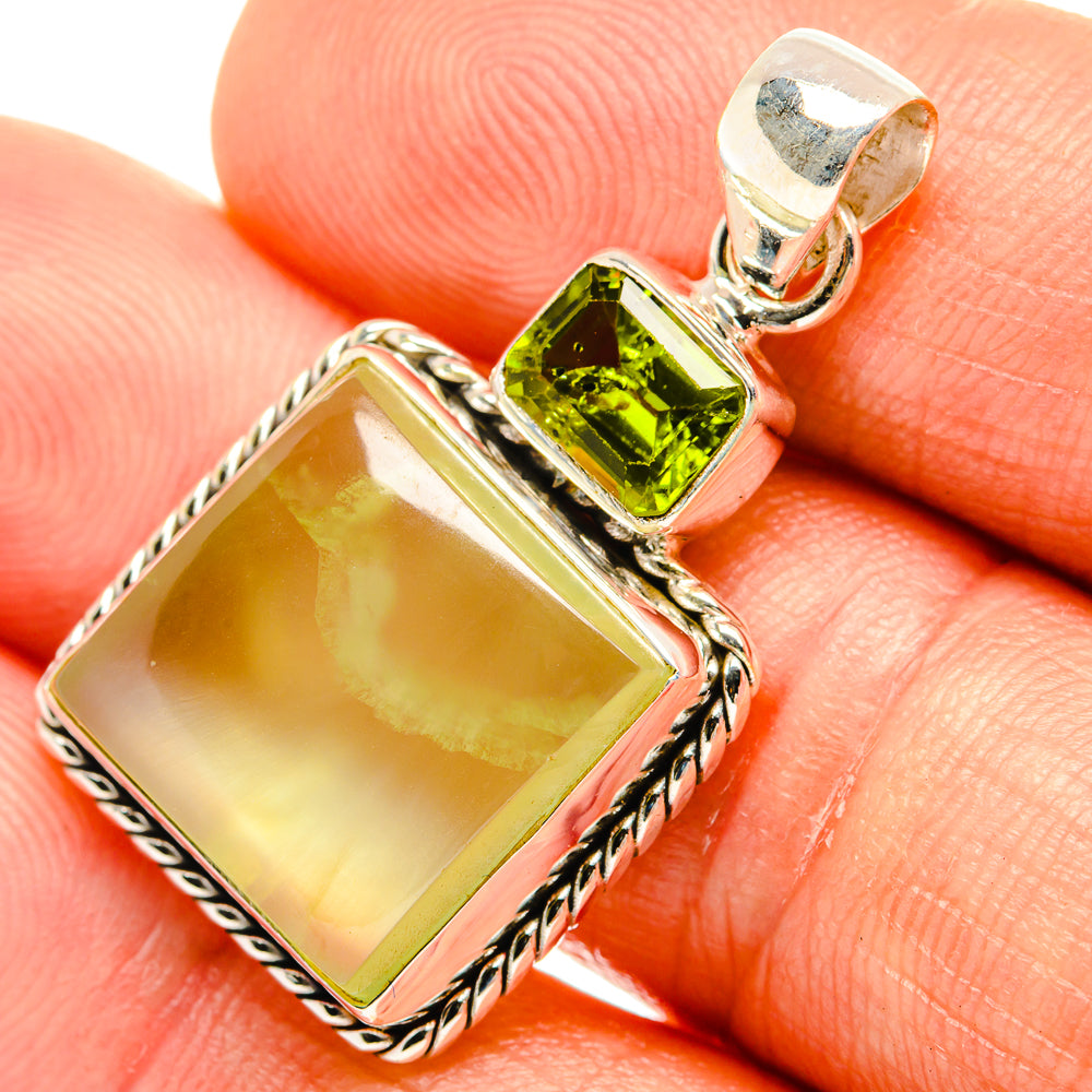 Square green gemstone pendant with small peridot stone cap, 925 silver setting