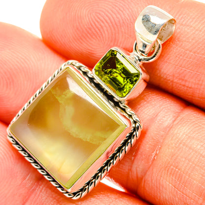 Square green gemstone pendant with small peridot stone cap, 925 silver setting