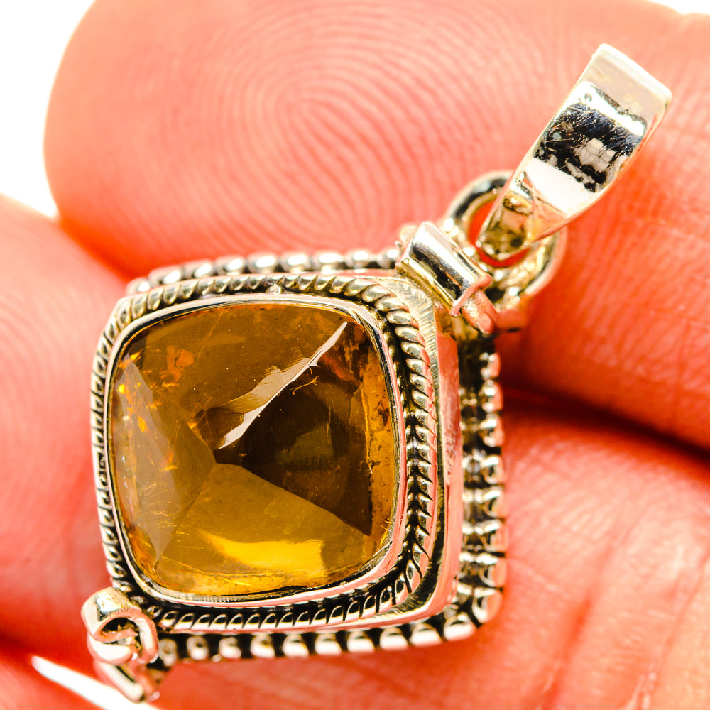 Citrine gemstone pendant in square bezel with beaded sterling silver frame