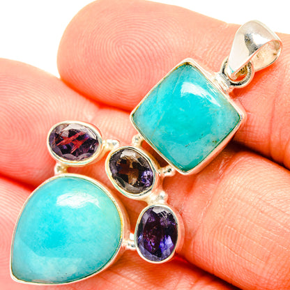 925 sterling silver pendant with turquoise amazonite and purple tanzanite, square and round stones