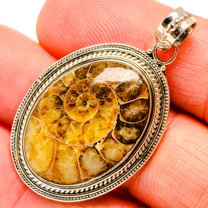 Oval ammonite fossil pendant, close-up amber-brown fossil detail in silver bezel