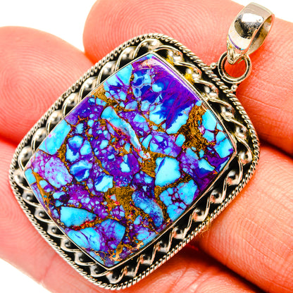Square turquoise composite pendant in purple and blue with ornate silver bezel