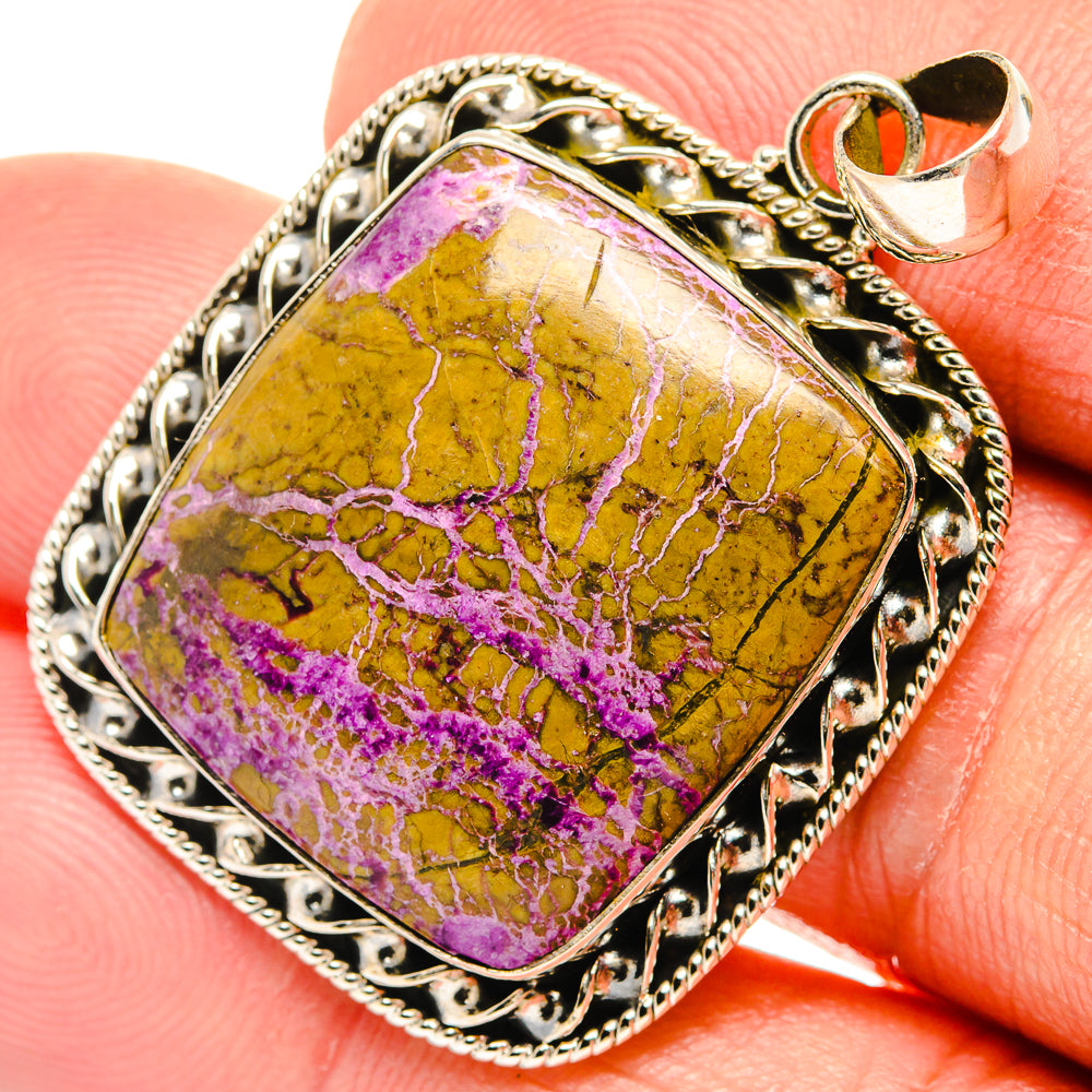 925 sterling silver stichtite pendant with rectangular purple-and-yellow stone, ornate bezel