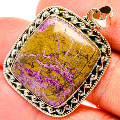 925 sterling silver stichtite pendant with rectangular purple-and-yellow stone, ornate bezel