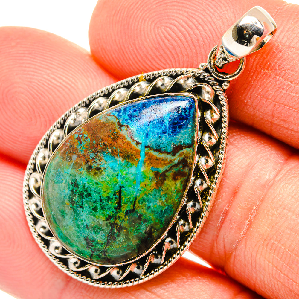Chrysocolla teardrop pendant in ornate 925 sterling silver, blue-green stone detail