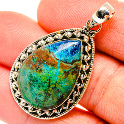 Chrysocolla teardrop pendant in ornate 925 sterling silver, blue-green stone detail