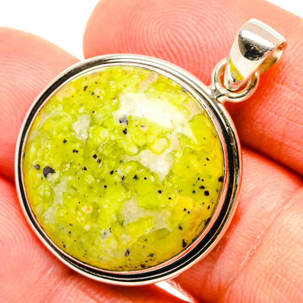 Round green opal cabochon pendant in 925 sterling silver bezel with bail