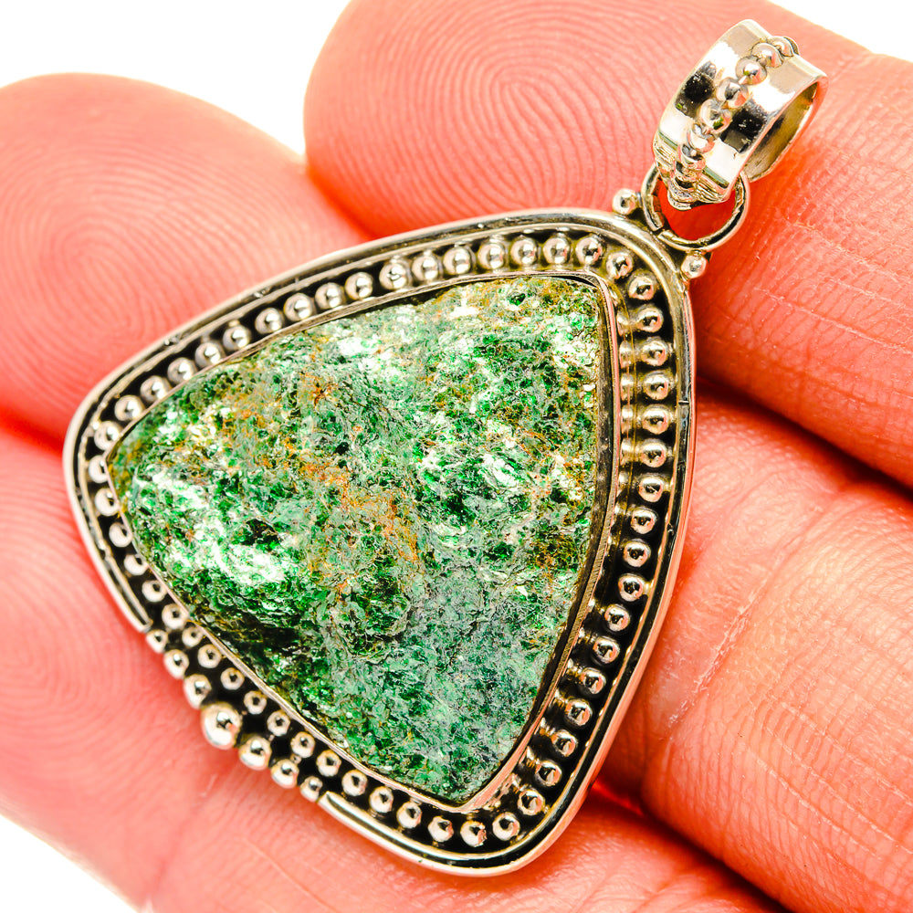 Green fuchsite triangular pendant with silver beaded border and loop bail
