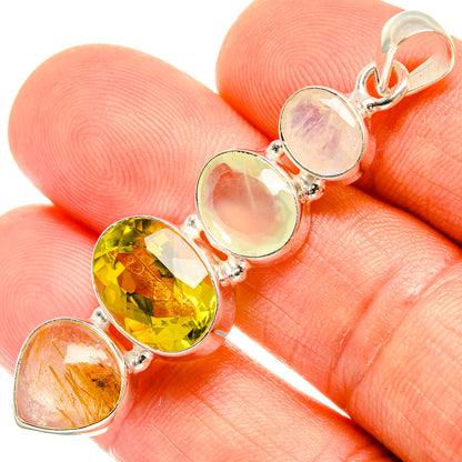 Multicolor oval gemstone pendant in 925 sterling silver, close-up of faceted yellow and opalescent stones