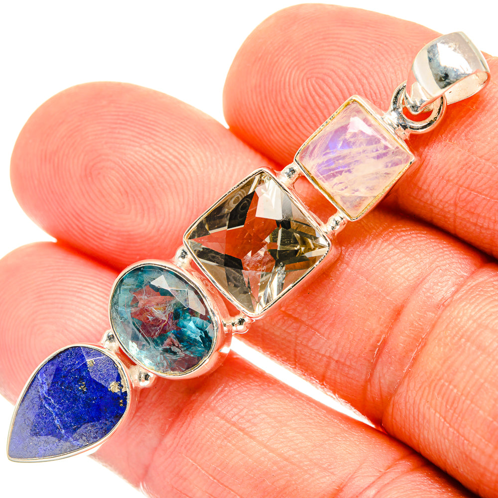 Sterling silver pendant close-up with blue, teal, and purple square and pear stones