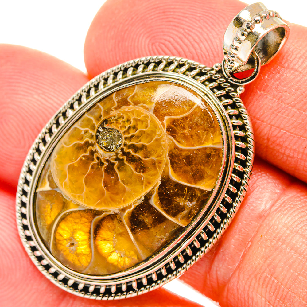 Oval amber fossil pendant close-up with sterling-silver beaded border and bail