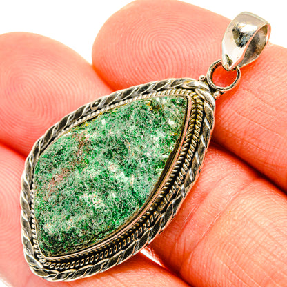 Green fuchsite teardrop pendant in 925 sterling silver bezel, with loop bail