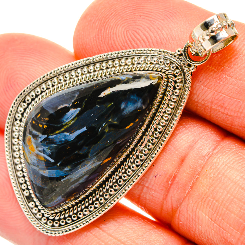 925 sterling silver pietersite pendant close-up, teardrop bezel with bail
