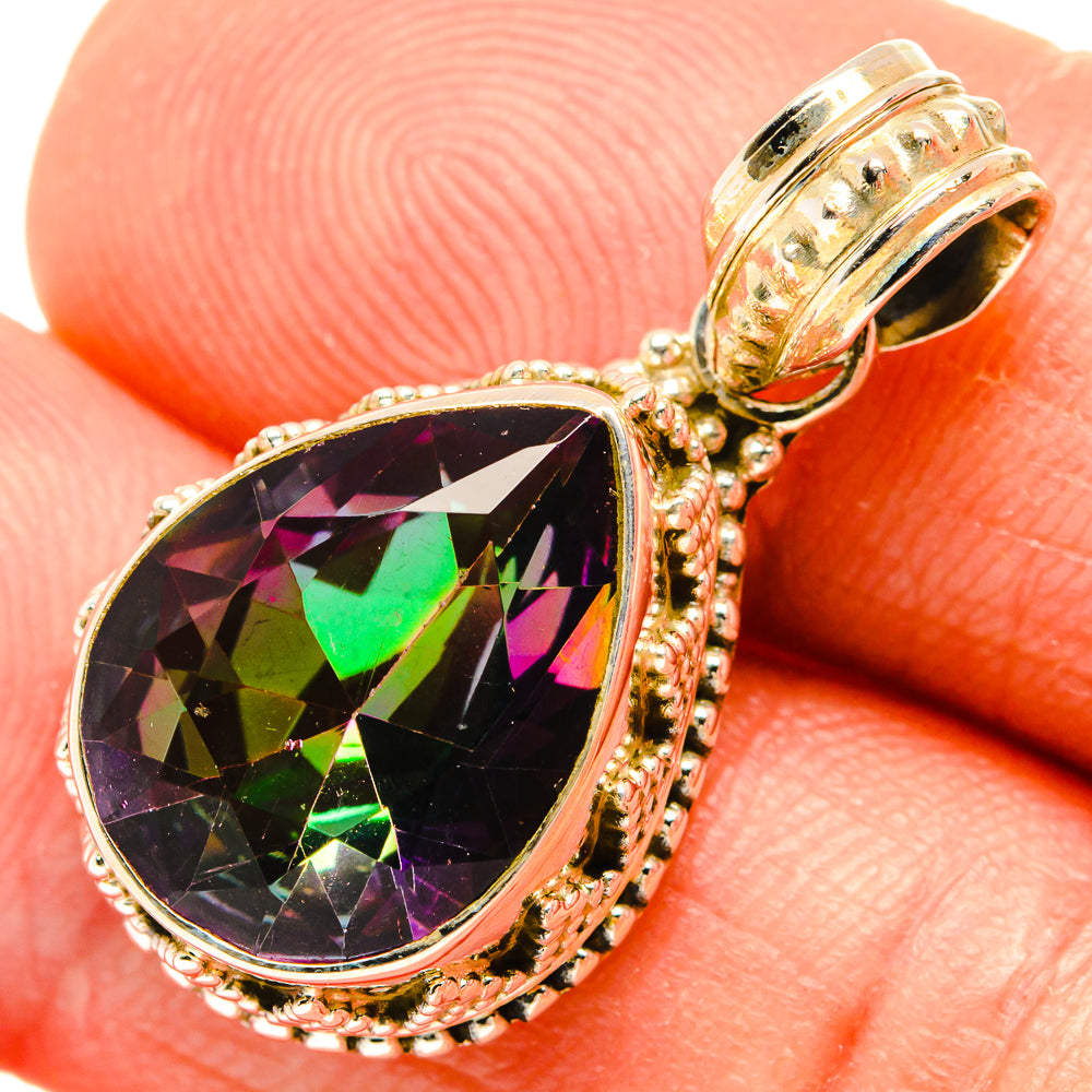 Mystic topaz pendant with dark faceted teardrop gemstone in ornate 925 sterling silver setting