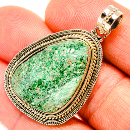 Green fuchsite pendant in ornate 925 sterling silver bezel with top bail loop