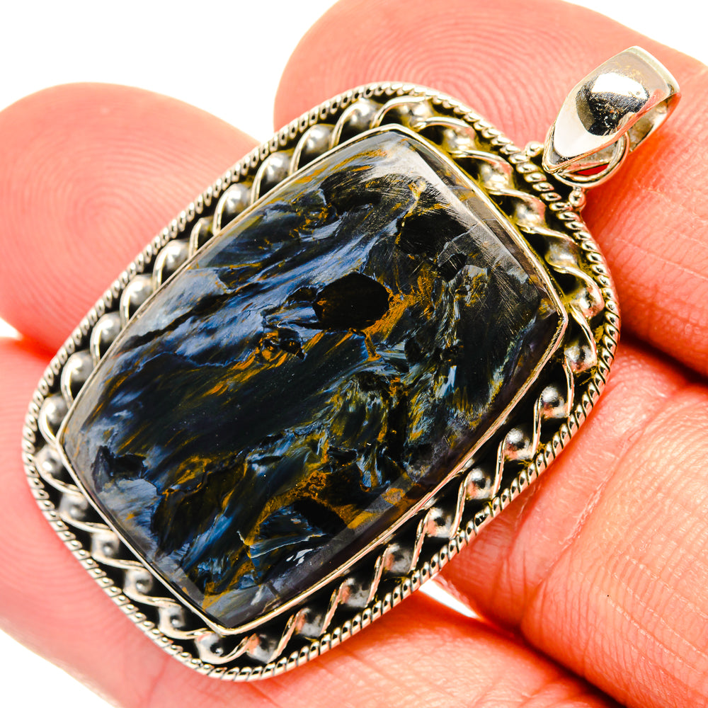 925 sterling silver pietersite pendant with blue rectangular cabochon stone and bail