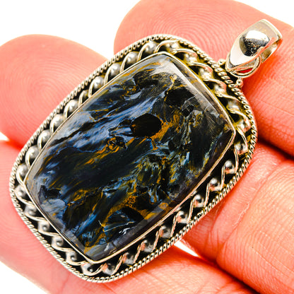 925 sterling silver pietersite pendant with blue rectangular cabochon stone and bail