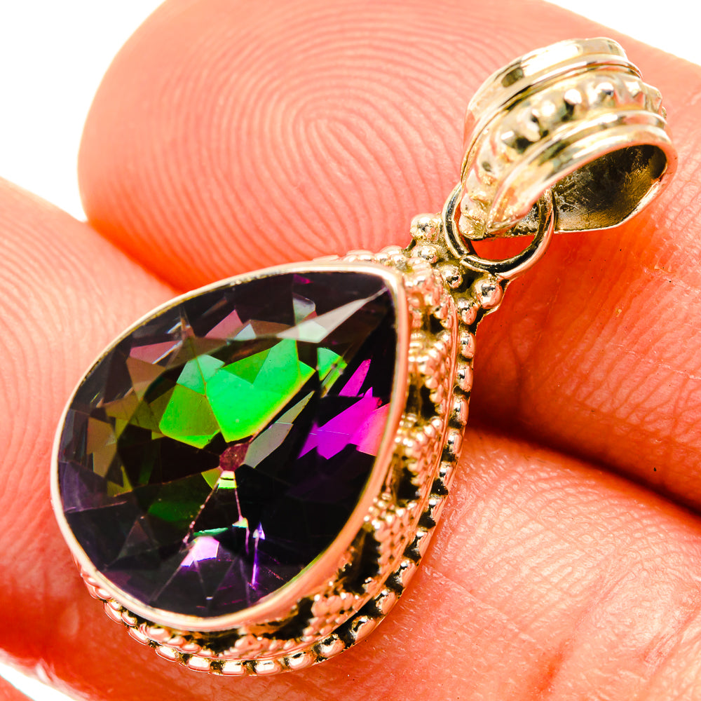 Teardrop pendant with dark mystic topaz gemstone, ornate 925 silver setting and bail