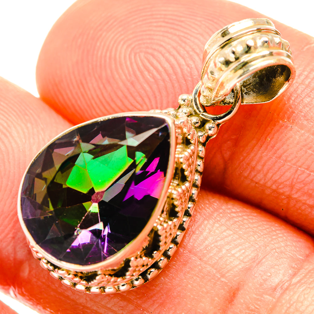 Teardrop gemstone pendant with green-purple faceted mystic topaz and bead-prong border