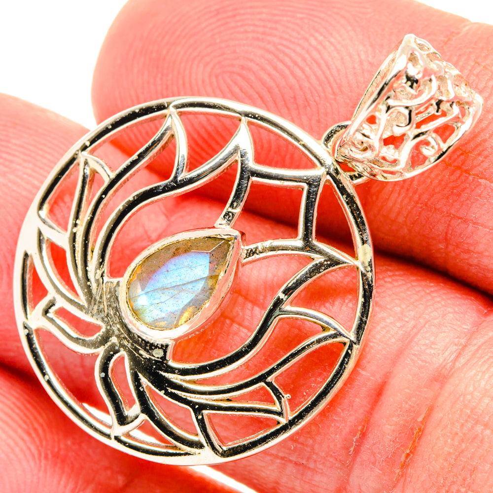 Labradorite pendant, 925 sterling silver lotus filigree with iridescent blue stone