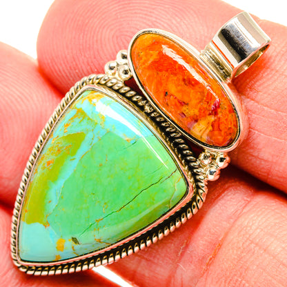 925 sterling silver pendant with orange sponge coral and green-blue chrysocolla cabochons