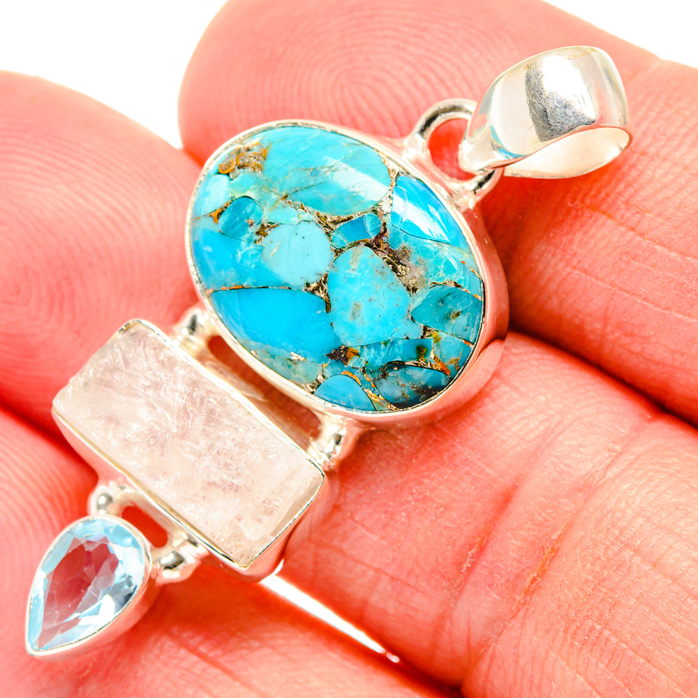 Sterling silver pendant with oval turquoise cabochon, blue teardrop stone, rectangular accent