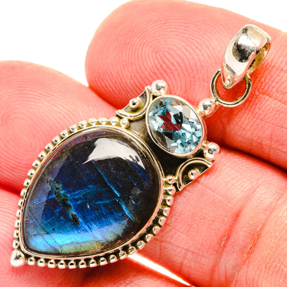 Oval labradorite and round blue topaz pendant, 925 silver ornate bezel setting