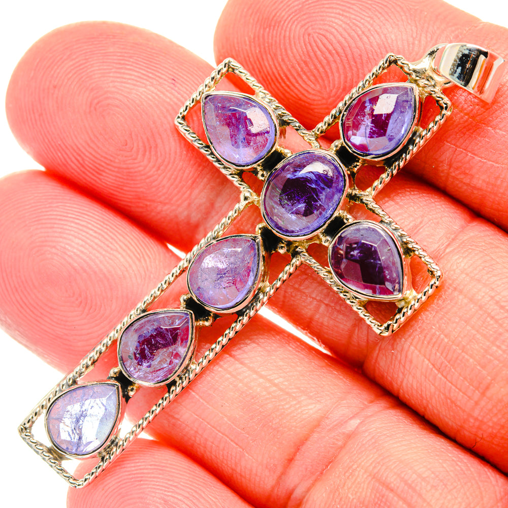 Oval purple gemstone cross pendant in gold-toned 925 sterling silver setting