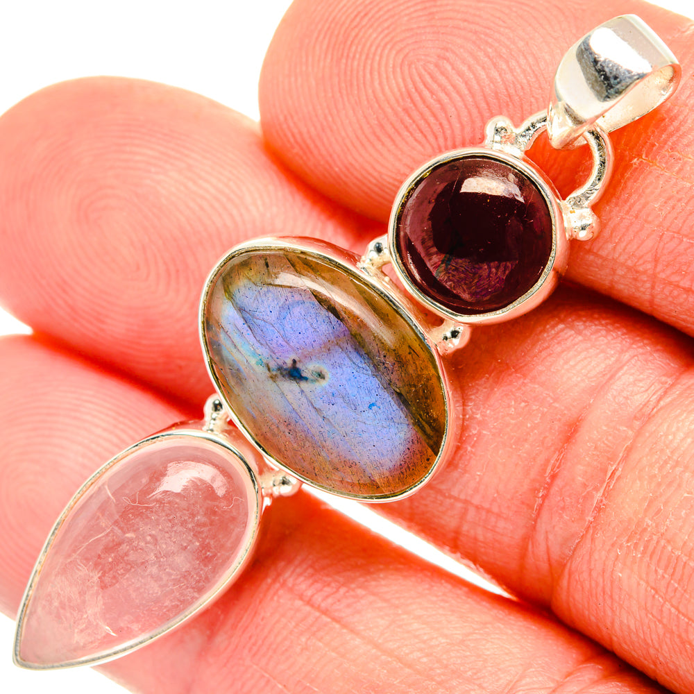 925 sterling silver gemstone pendant with rose quartz pink oval, garnet red, labradorite oval