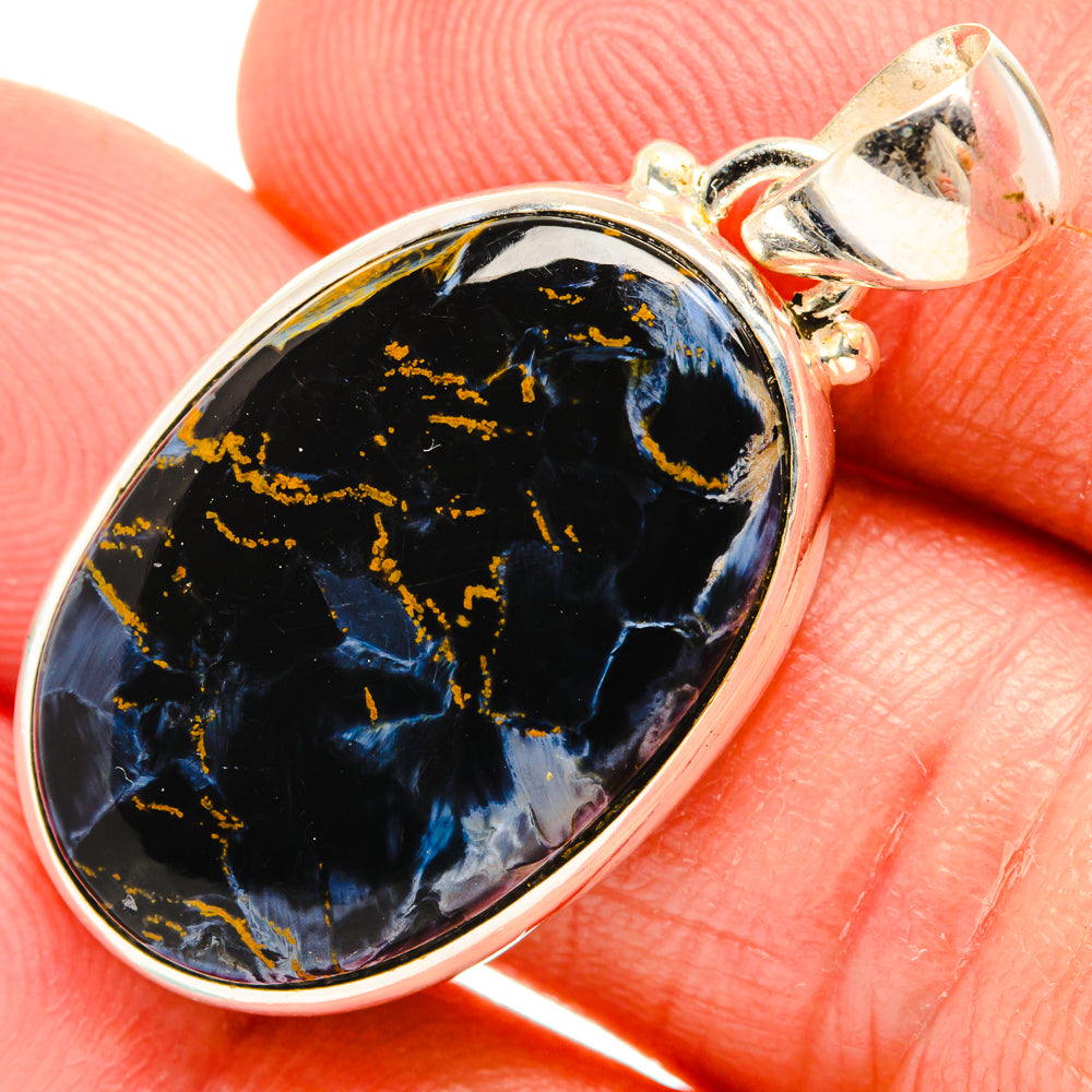 925 sterling silver pietersite pendant, teardrop blue stone with gold veining bail