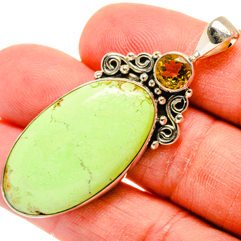 Green chrysoprase oval pendant with amber citrine round top, 925 sterling silver