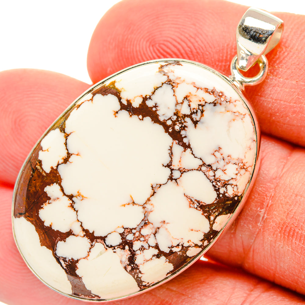 Wild horse jasper pendant in 925 sterling silver, round teardrop cabochon, white and brown.