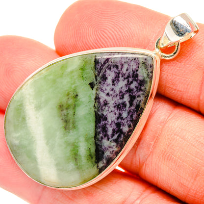 Kammererite pendant with green-and-purple teardrop stone, 925 sterling silver bezel