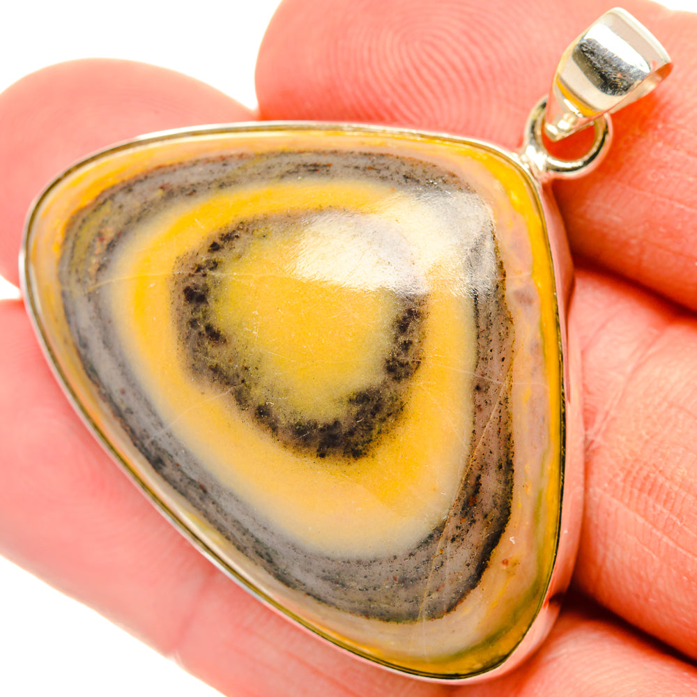Triangular Bumble Bee Jasper cabochon pendant with silver bail, yellow and black veining