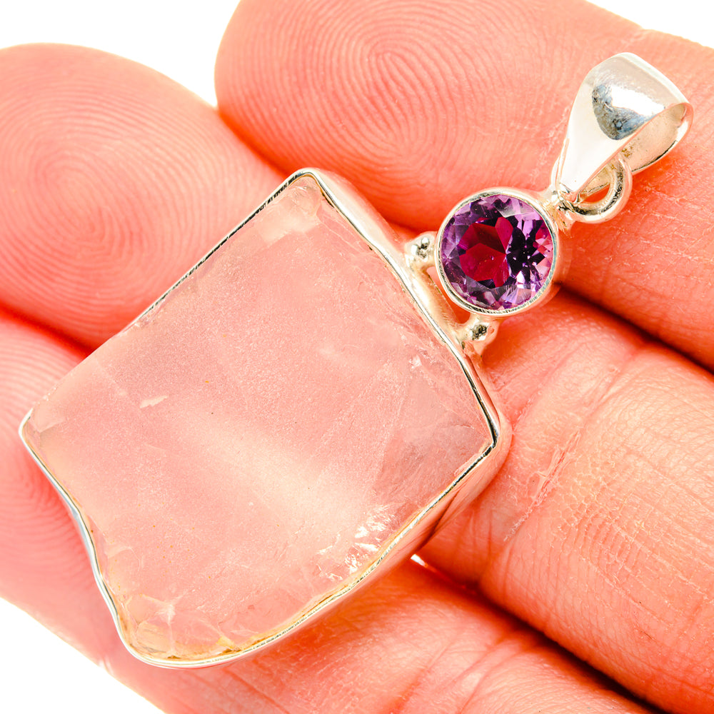 Rough rose quartz pendant with amethyst round stone in polished 925 silver bail
