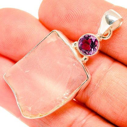 Rough rose quartz pendant with amethyst round stone in polished 925 silver bail