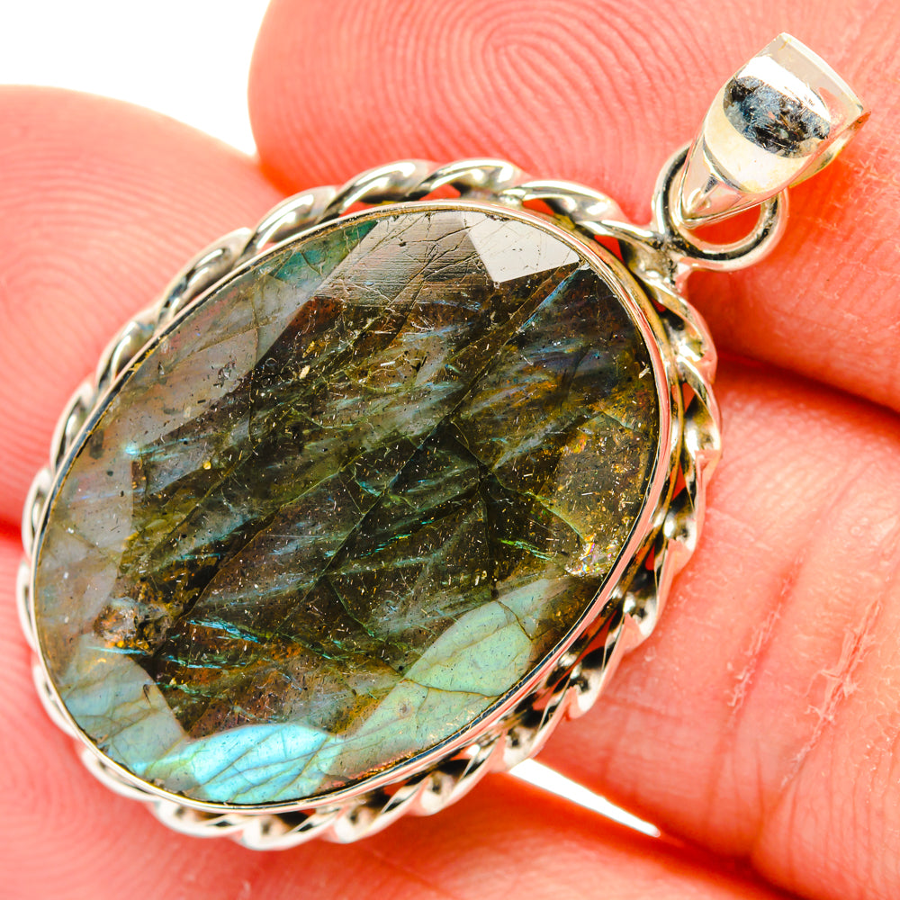 Round sterling silver labradorite pendant, blue-green flash stone in ornate bezel